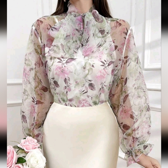 Ladies' Elegant Floral Print Tie Neckline Blouse For Spring And Autumn - Picture 1 of 5